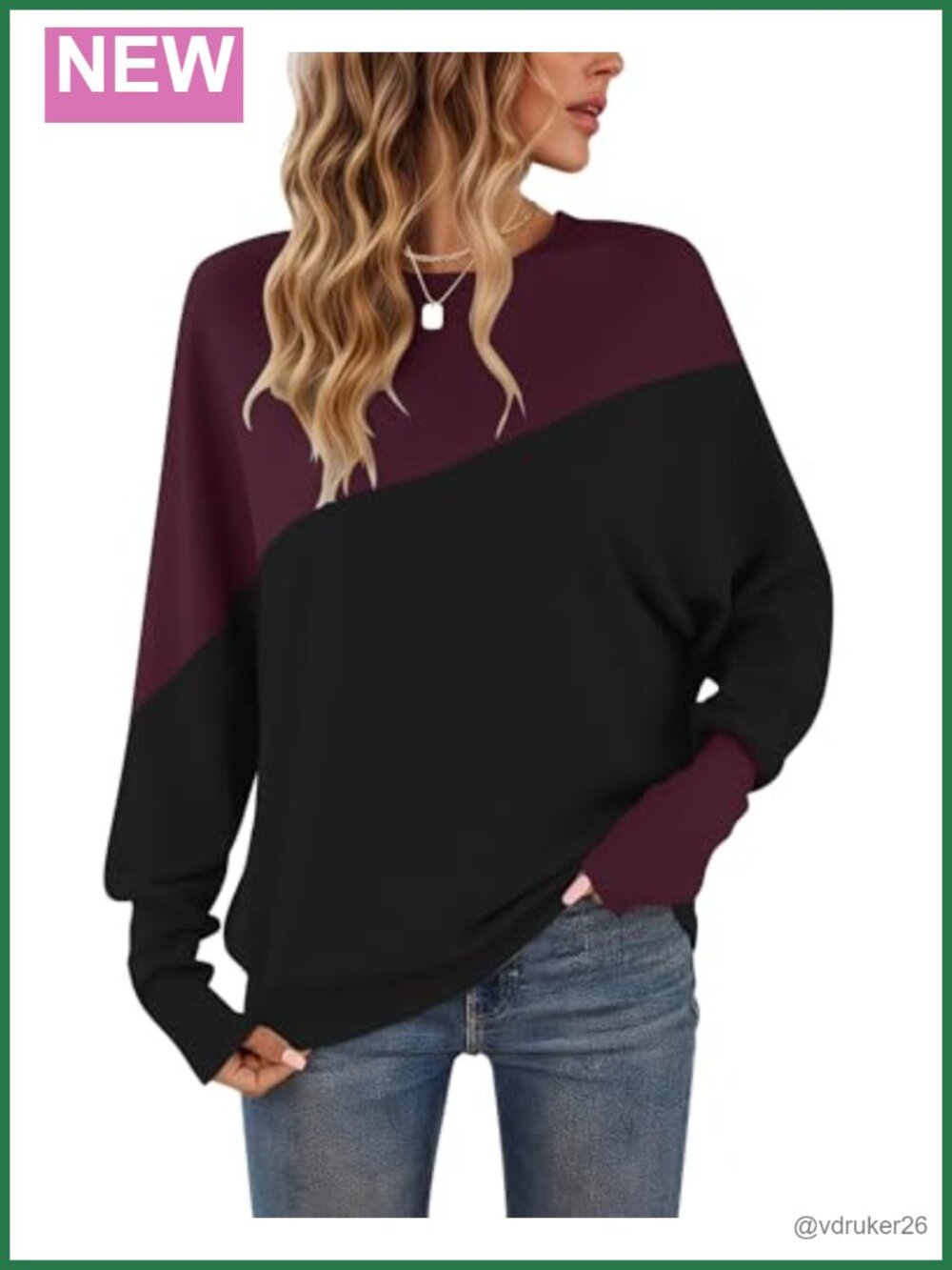 Womens Long Sleeve Color Block Tunic Batwing Oversized Sweatshirt